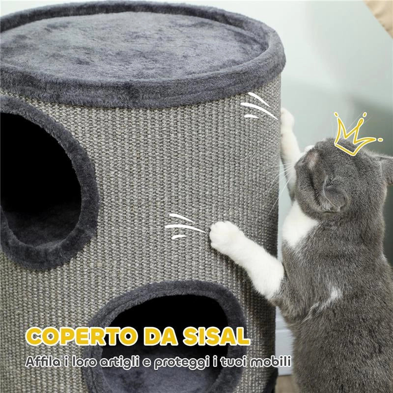 CUCCIA PER GATTI A 3 LIVELLI CON TIRAGRAFFI IN SISAL E PELUCHE, Ï38X70CM, GRIGIO