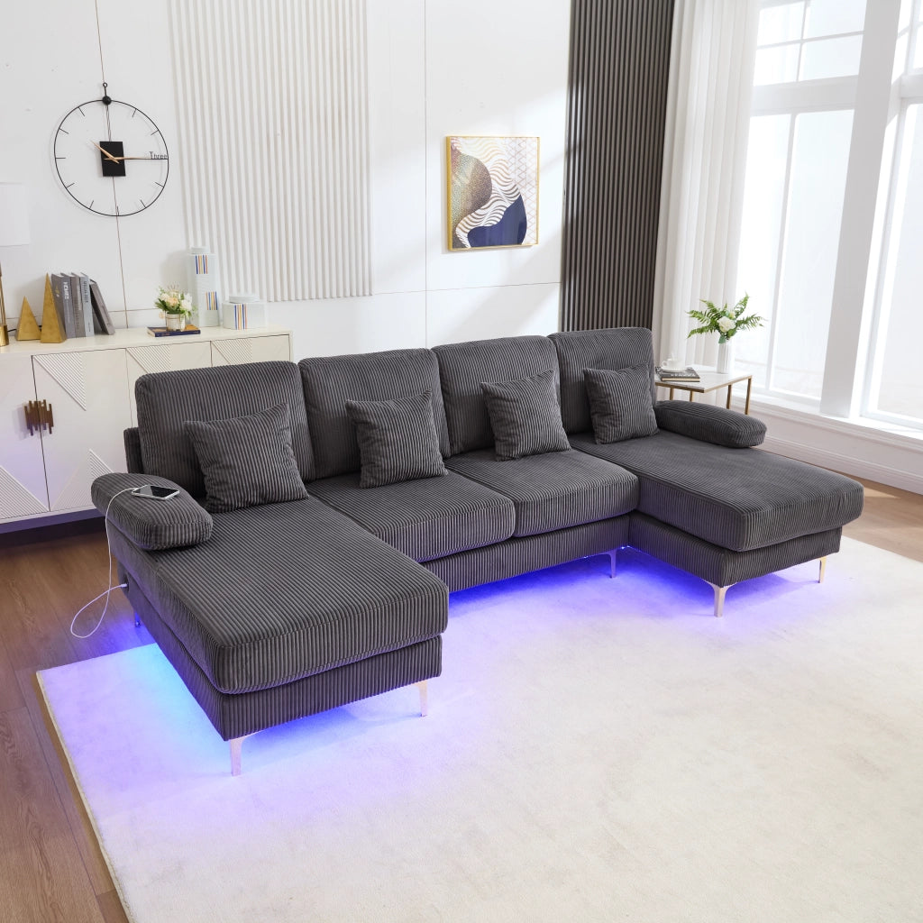 Divano Panoramico a U con LED e Porta USB; Cuscini Inclusi; Schienale Ergonomico; Struttura in Legno; in Velluto Grigio