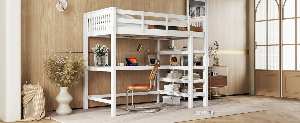 DESMIU Letto a soppalco per bambini 1 posto con scrivania, scaffali e vano 90 × 200 cm, senza materasso