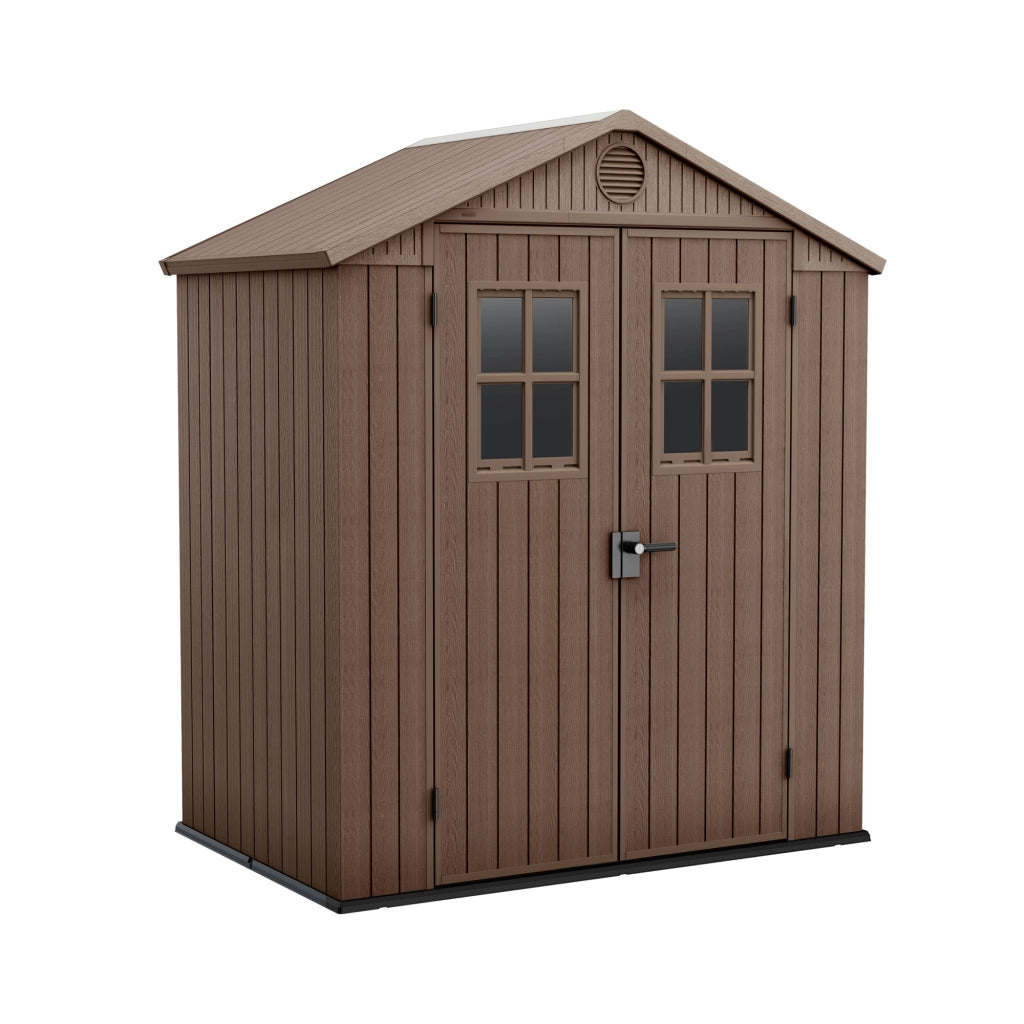 Darwin 6x4 - Casetta da Giardino 190x221x122 cm 2 Ante a per deposito attrezzi finitura effetto legno Evotech+ in Resina Marrone
