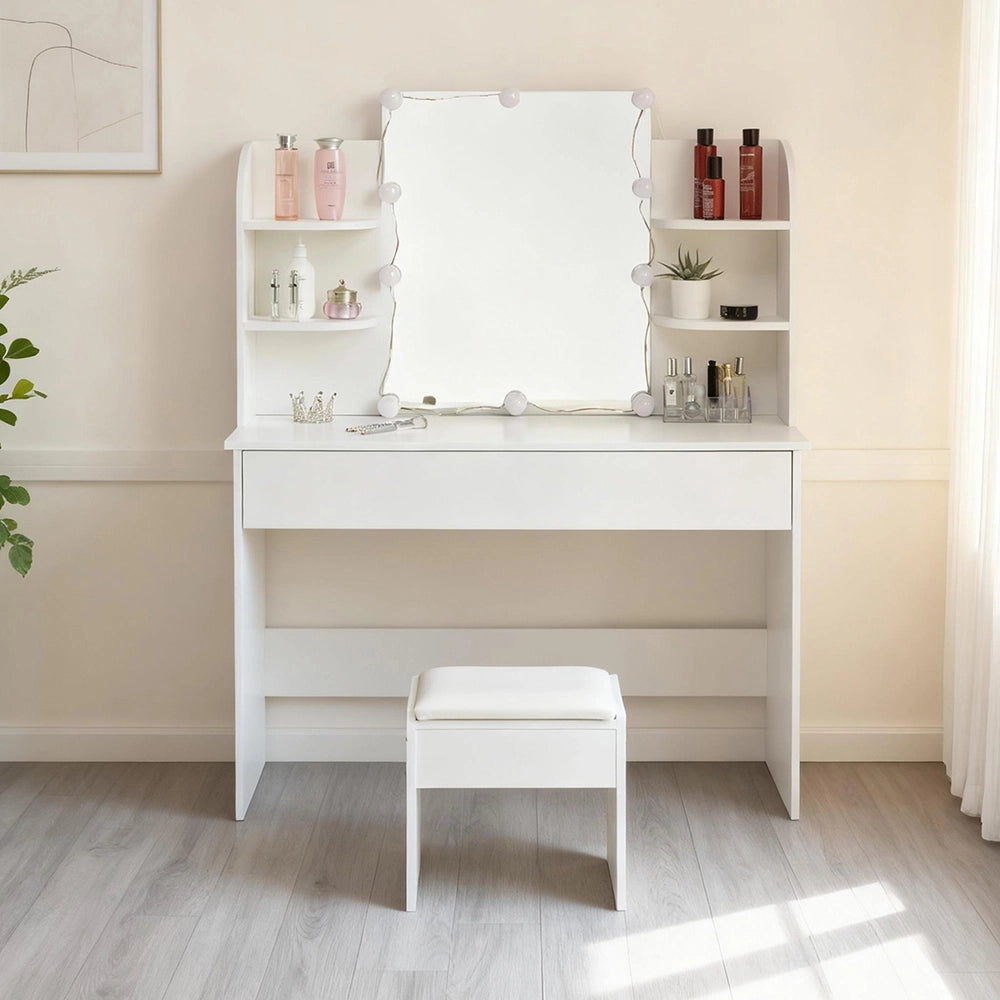 Toeletta con specchio - Xylo - LED, sgabello e 3 cassetti, bianco
