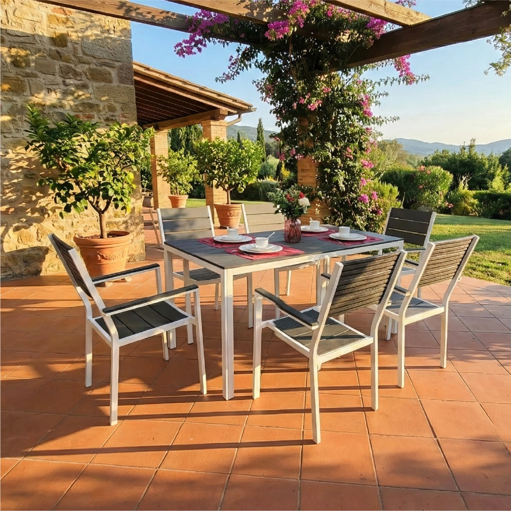 Set Tavolo da Giardino con 6 Sedie in Acciaio e Piano HDPE Effetto Teak, Tavolo Esterno Rettangolare Moderno Resistente alle Intemperie, Arredo Outdoor Terrazzo Balcone Grigioscuro