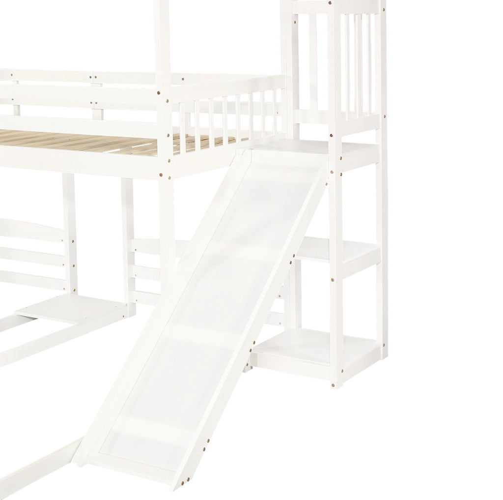 Letto a castello per bambini con scivolo, 3 posti letto e tetto bianco 90x200 cm