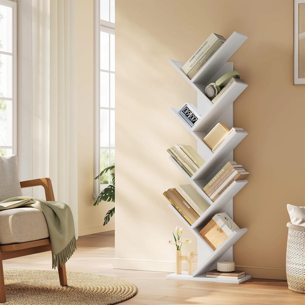 Libreria ad Albero Moderna Scaffale Salvaspazio a 9 Ripiani in Legno Porta Libri per Soggiorno Camera Studio Bianco, 40x20x127cm