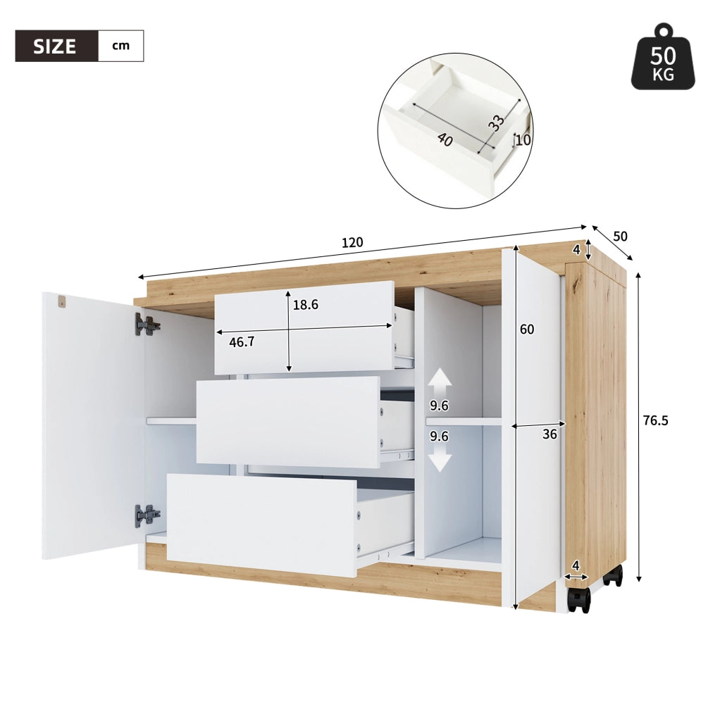 Scrivania 120x50x76.5 cm girevole e pieghevole con contenitore in pannello truciolare bianco e rovere