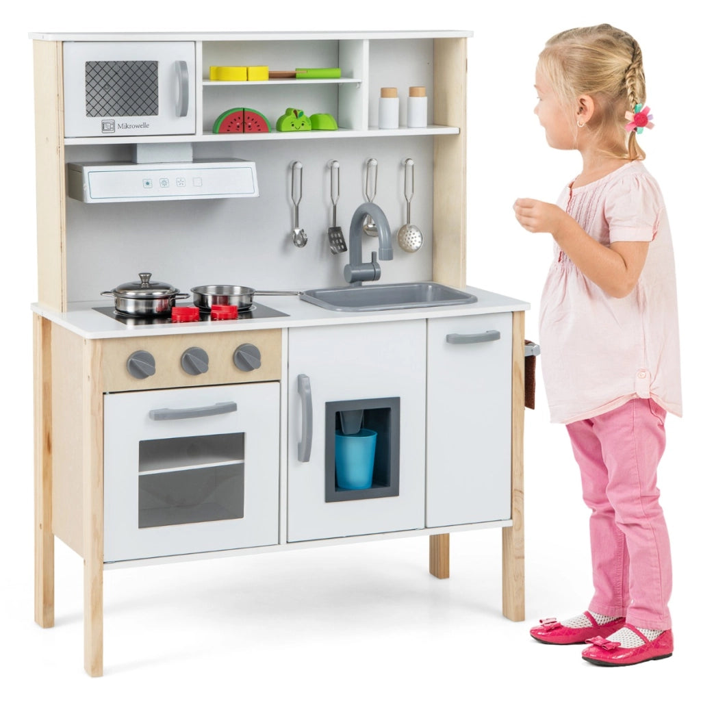 Cucina giocattolo per bambini in legno, Cucina da gioco con microonde cappa aspirante lavello giocattolo Bianco-Cucine giocattoli