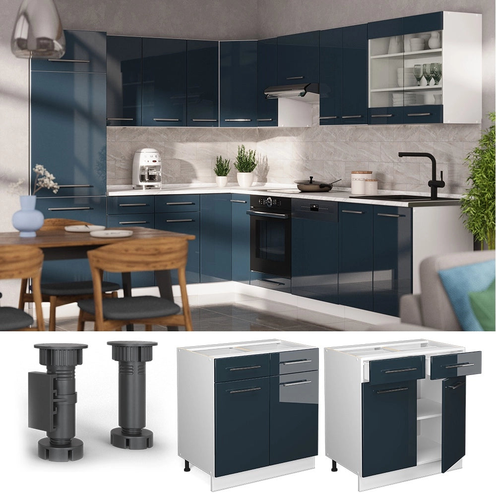 Mobiletto base per cucina Fame-Line Blu scuro lucido/Bianco 80 cm senza piano di lavoro Vicco