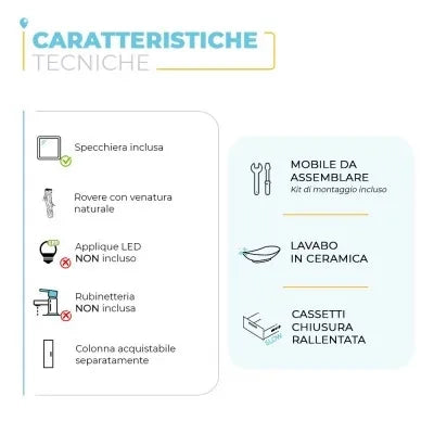 Mobiletto bagno a terra 80 cm 2 cassetti serie Oasi rovere con specchio e lavabo