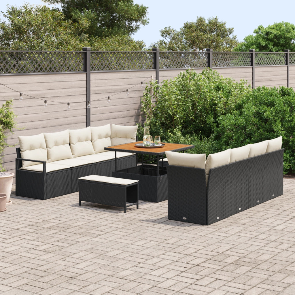 Set Divano da Giardino 11 Pezzi con Cuscini Nero Rattan Pannato Acacia