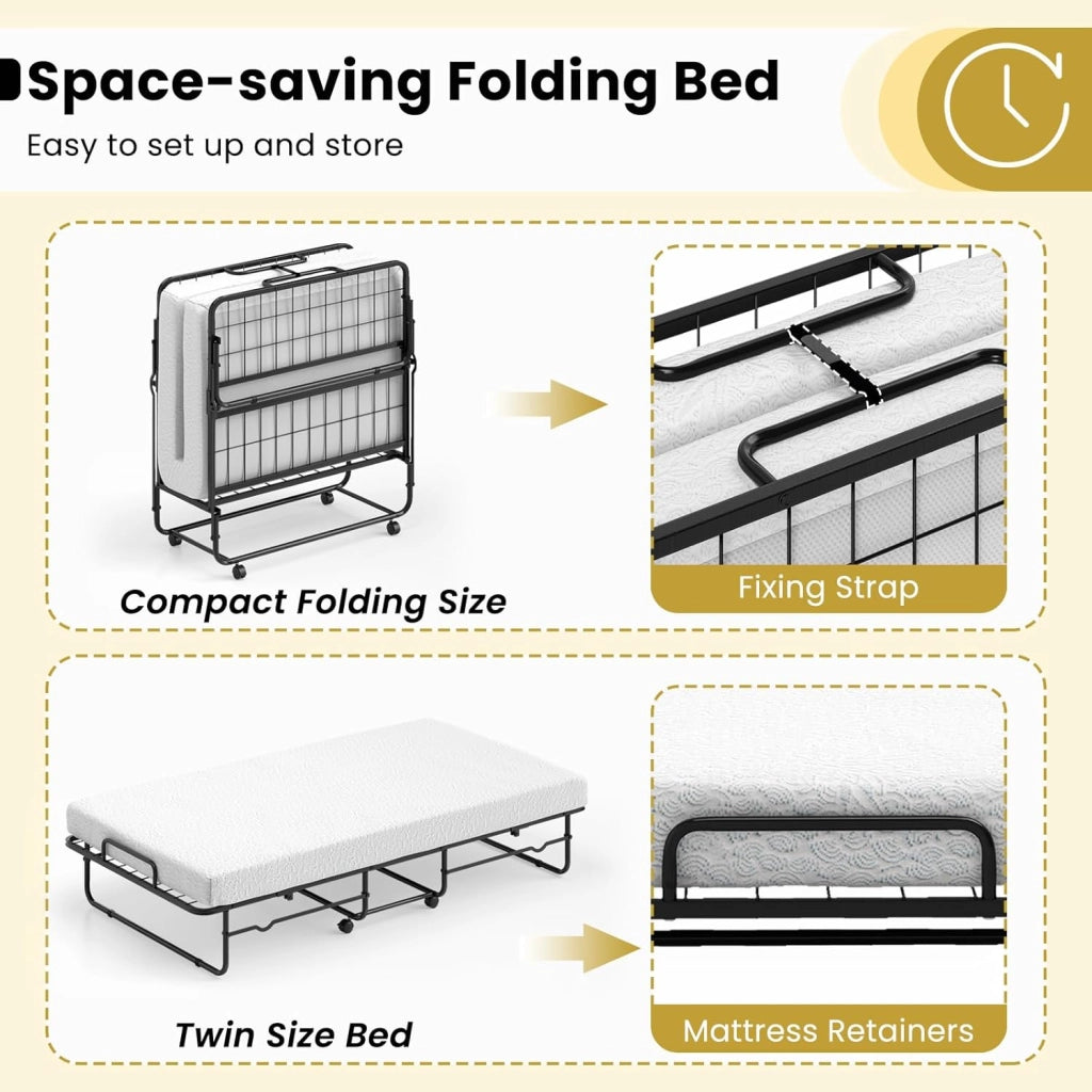 Letto Singolo Pieghevole Portatile, 90x190 cm, Materasso in Schiuma Viscoelastica, Telaio in Metallo, 4 Ruote, Carico fino a 220 kg, Ideale per Hotel e Viaggio