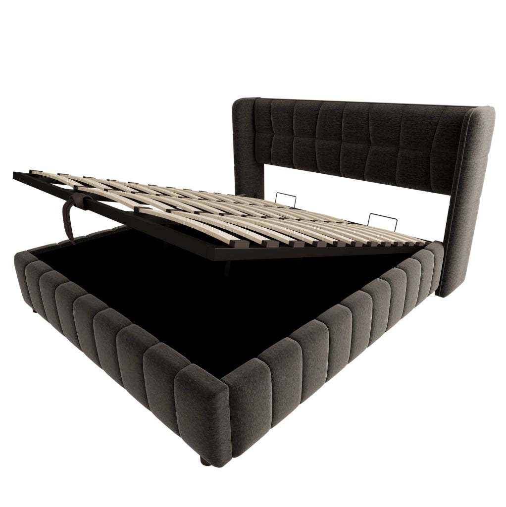 Letto imbottito 213x188x101 cm con vano contenitore in tessuto grigio