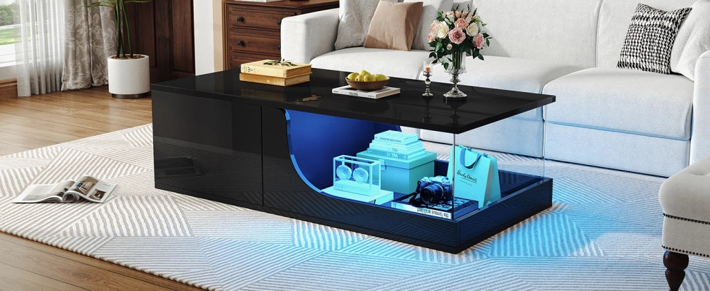 Tavolino da salotto nero lucido con LED e 2 cassetti 100x50x30 cm