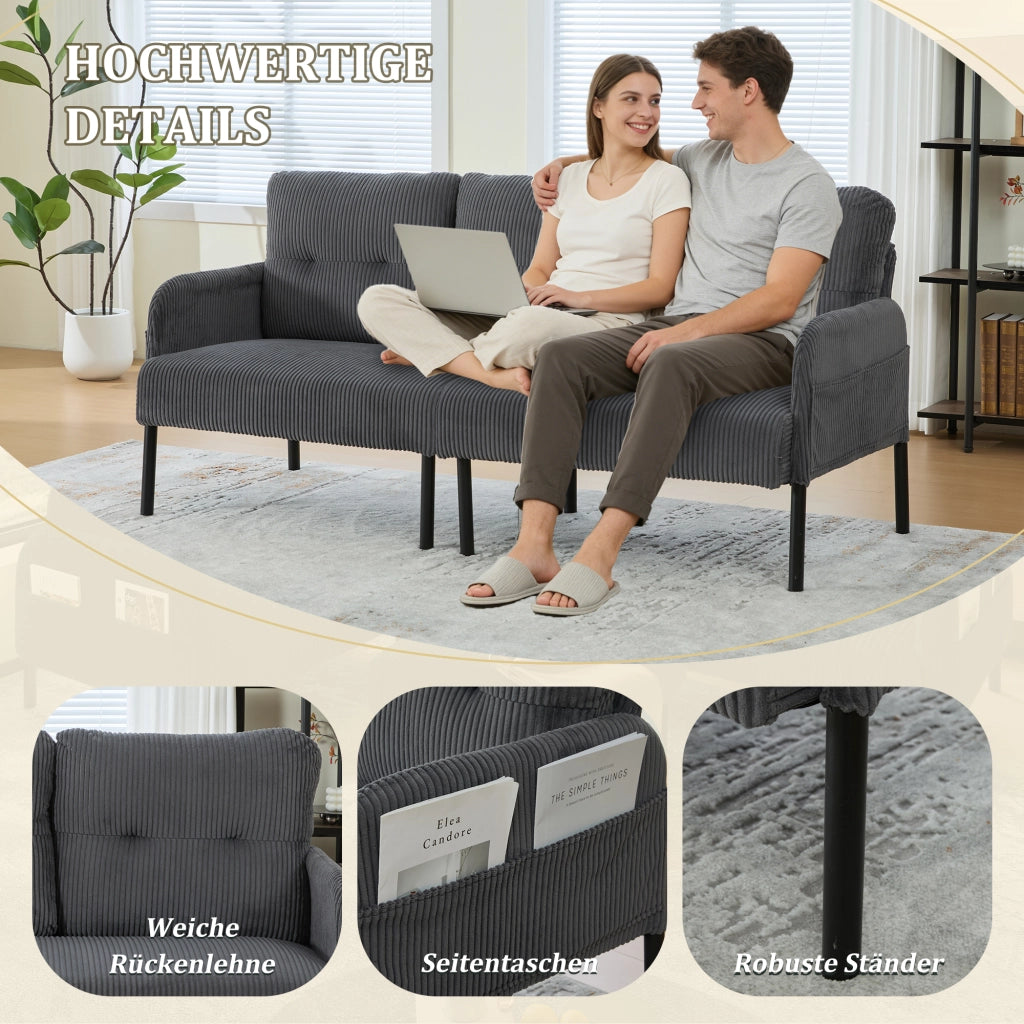 Divano a 3 posti in velluto a coste con ampia seduta, schienale ergonomico, tasca laterale e struttura in metallo grigio