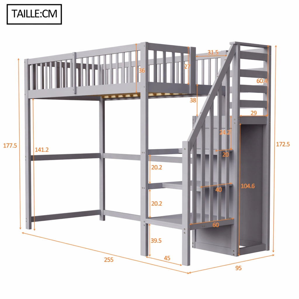 LETTO A CASTELLO 90x200 cm in legno grigio con scala e armadietto