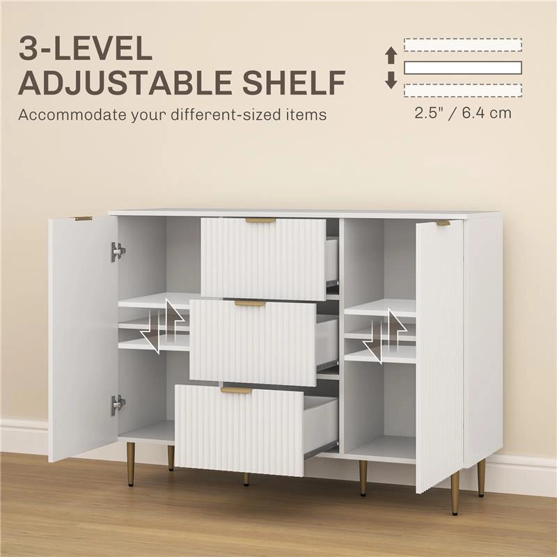 CREDENZA MODERNA CON 3 CASSETTI 2 ARMADIETTI E RIPIANI REGOLABILI LEGNO E METALLO BIANCO