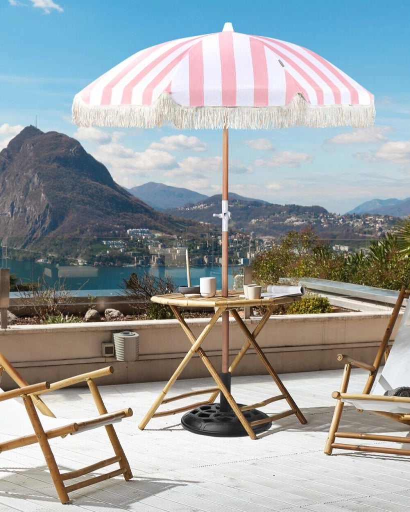 Ombrellone giardino tessuto bianco palo in legno faggio 150 cm Ombrellone esterno rotondo giardino retrò inclinabile resistente ai raggi UV
