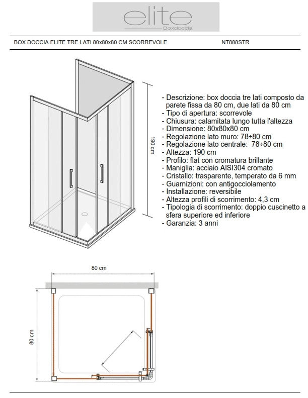 Box Doccia Elite Tre Lati 80x80x80 Cm Scorrevole Opaco