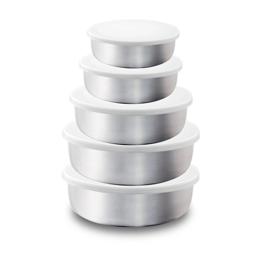 Set 5 ciotole acciaio inox con coperchi, capacità 200ml-1300ml, conservazione frigo e freezer, senza BPA - SOGO