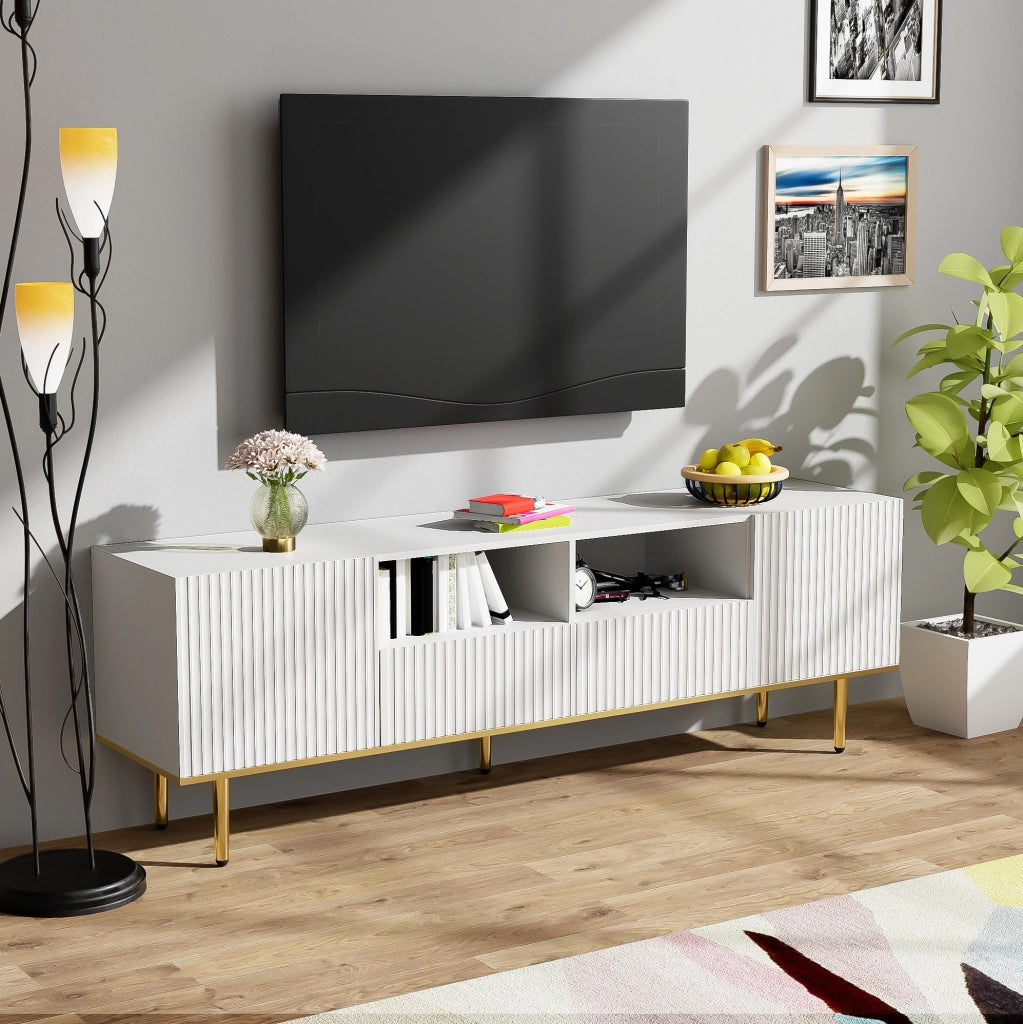 Mobile TV moderno 165 cm con 2 cassetti e 2 vani; dettagli oro; bianco