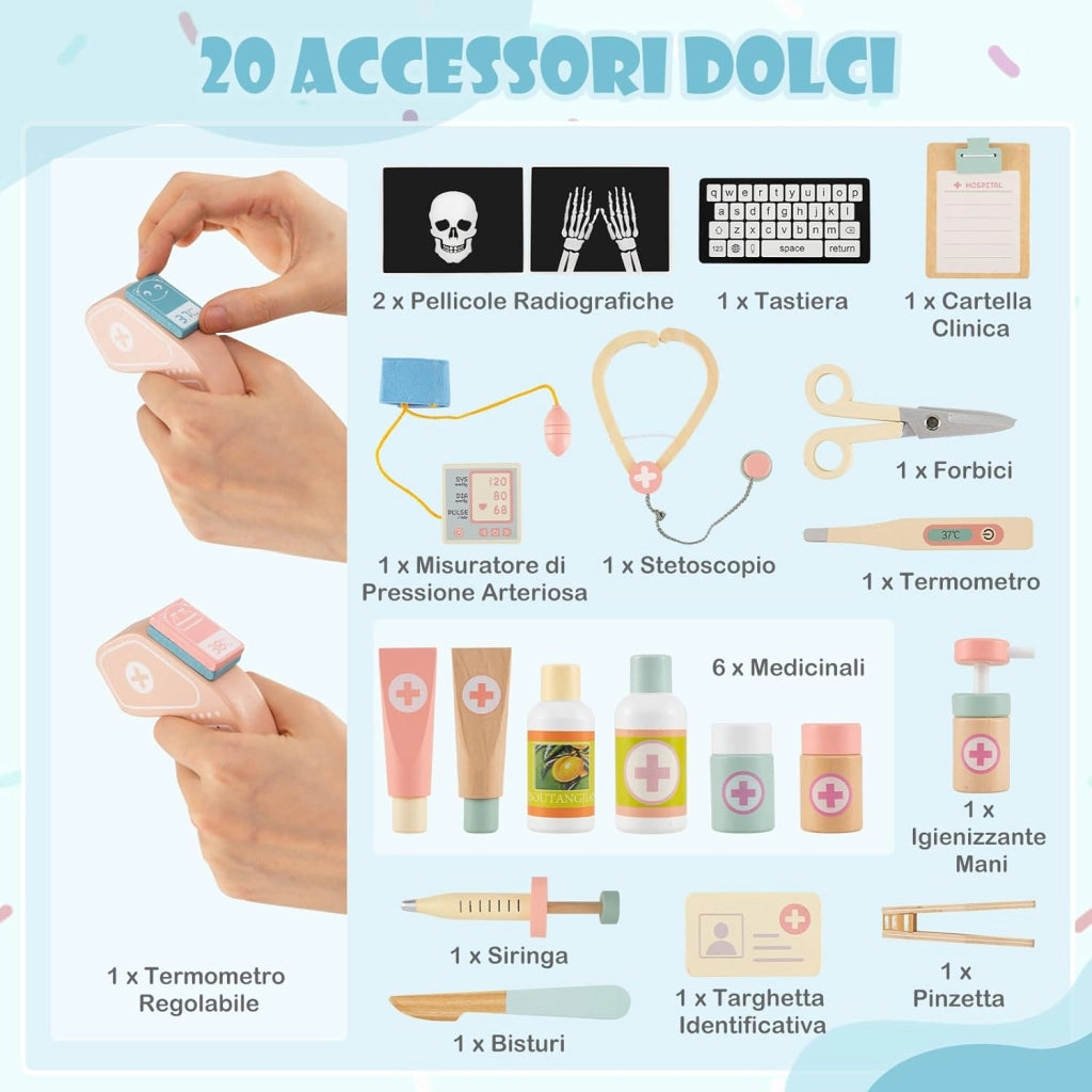 Set Gioco Dottore per Bambini, Medico Giocattolo in Legno con Tabella Oculistica, Macchinario CT e Radiografie, Gioco di Ruolo Medico Educativo con Accessori per Bambini 3+ Anni (Blu)