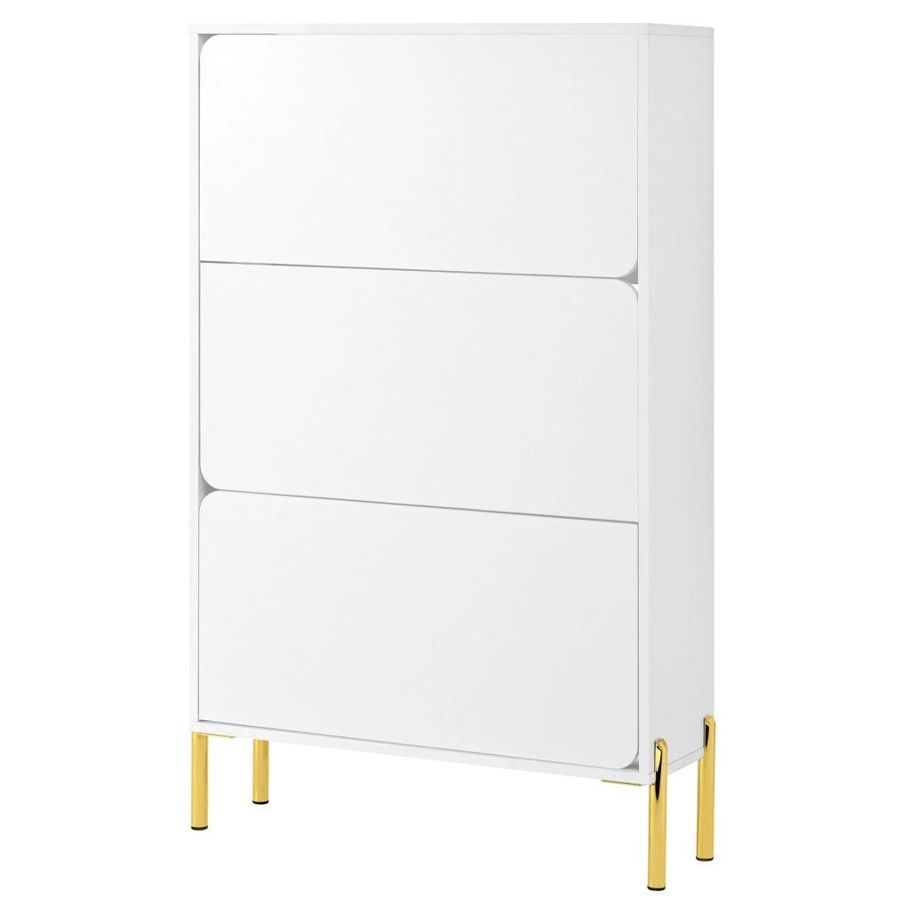 Scarpiera salvaspazio bianca a 3 ante con gambe in metallo dorato; 73x24x120 cm