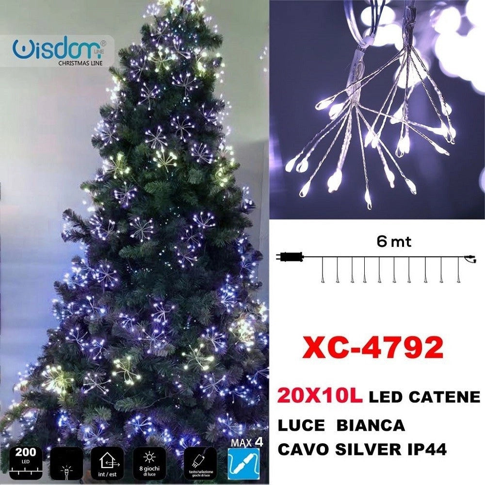 Trade Shop - Catena Luminosa 200led 20x10luci Con Ciuffi Luce Bianca Cavo Silver Ip44 Xc-4792 -