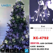 Trade Shop - Catena Luminosa 200led 20x10luci Con Ciuffi Luce Bianca Cavo Silver Ip44 Xc-4792 -