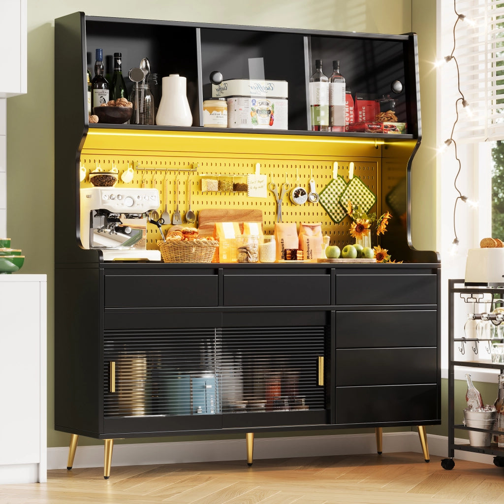 Vetrina con 2 Ante Scorrevoli; 1 Cassetto e LED; in MDF; Metallo e Vetro; Nero; 145x39x171 cm