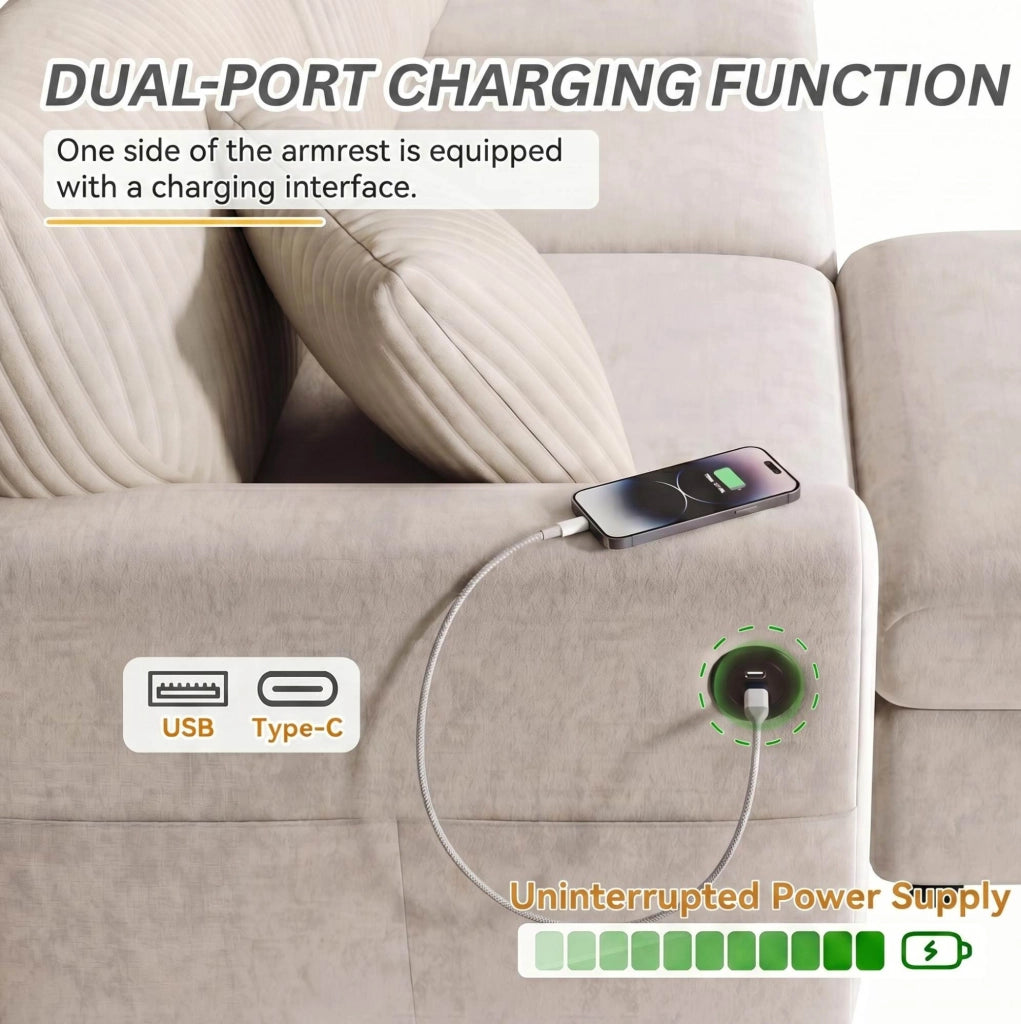 Sofa moderno beige con pouf; 2 cuscini; porta USB e Type-C; 223x146x84 cm