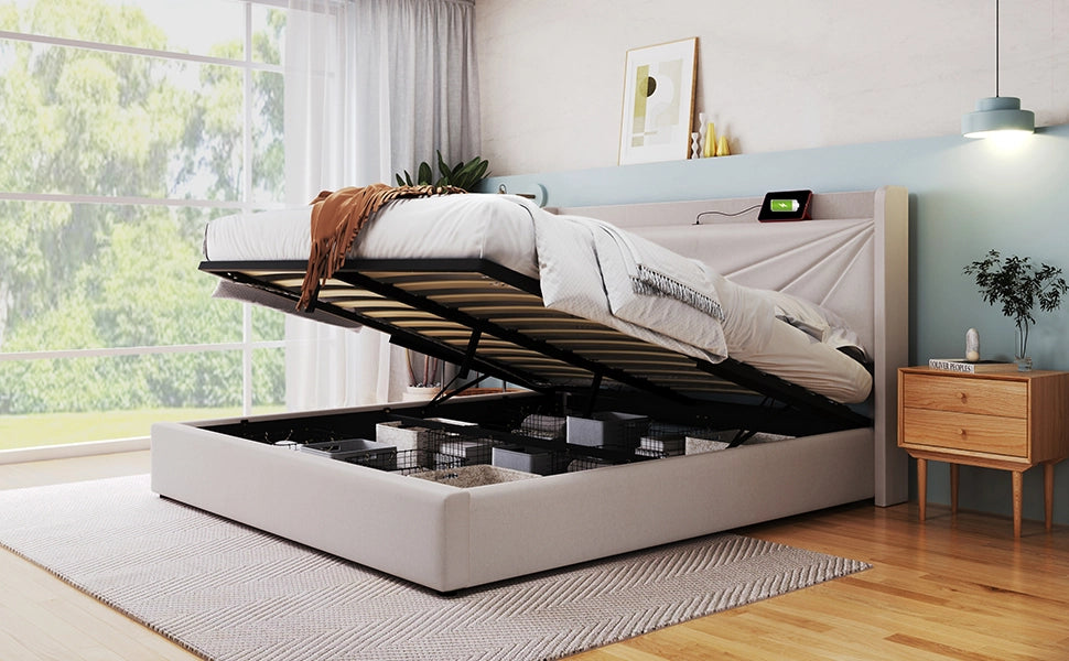 DESMIU Letto contenitore 160 × 200 cm 2 posti con USB, Type-C e spazio contenitore, senza materasso, in cotone lino beige