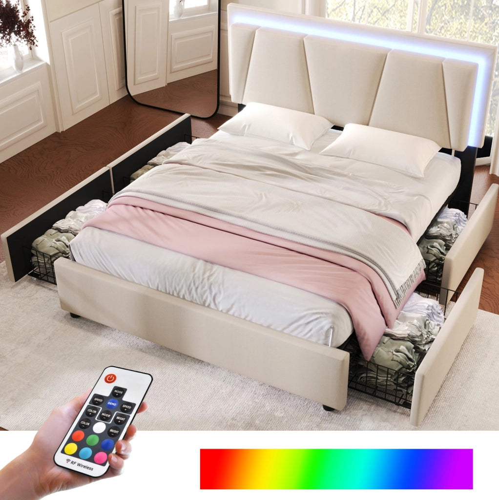 Letto matrimoniale 160x200 cm beige con LED e 4 cassetti