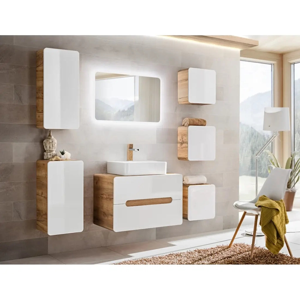 Mobile bagno ERBANO – Rovere chiaro e bianco lucido – 35x75 cm – 1 porta – Da appendere