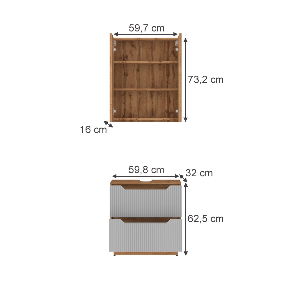 Vicco Set di mobili da bagno Rovere/grigio a righe 2 parti