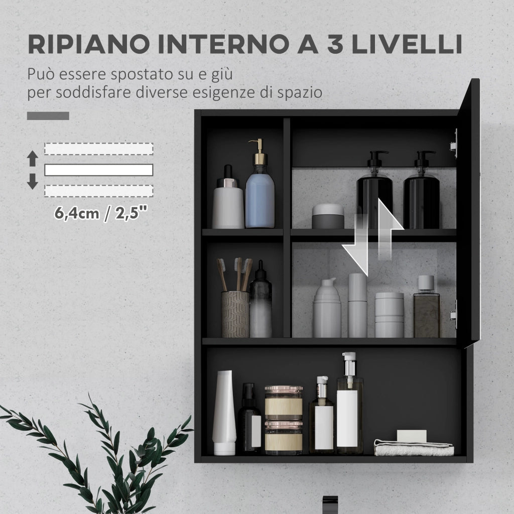 Armadietto Bagno con Specchio e Ripiani Regolabili - Minimal - Nero 60x15x76 cm