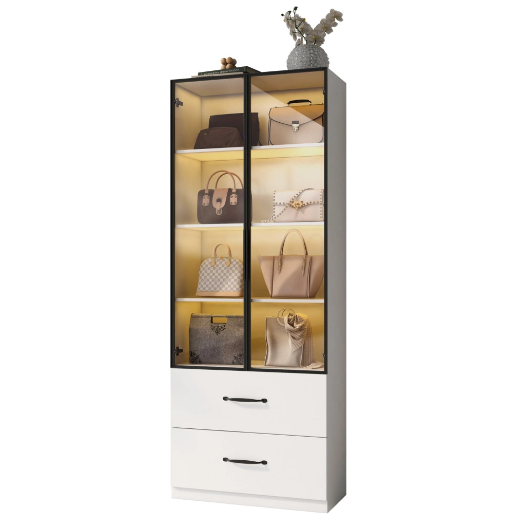 Vetrina LED bianca 60×40×160 cm con 2 cassetti