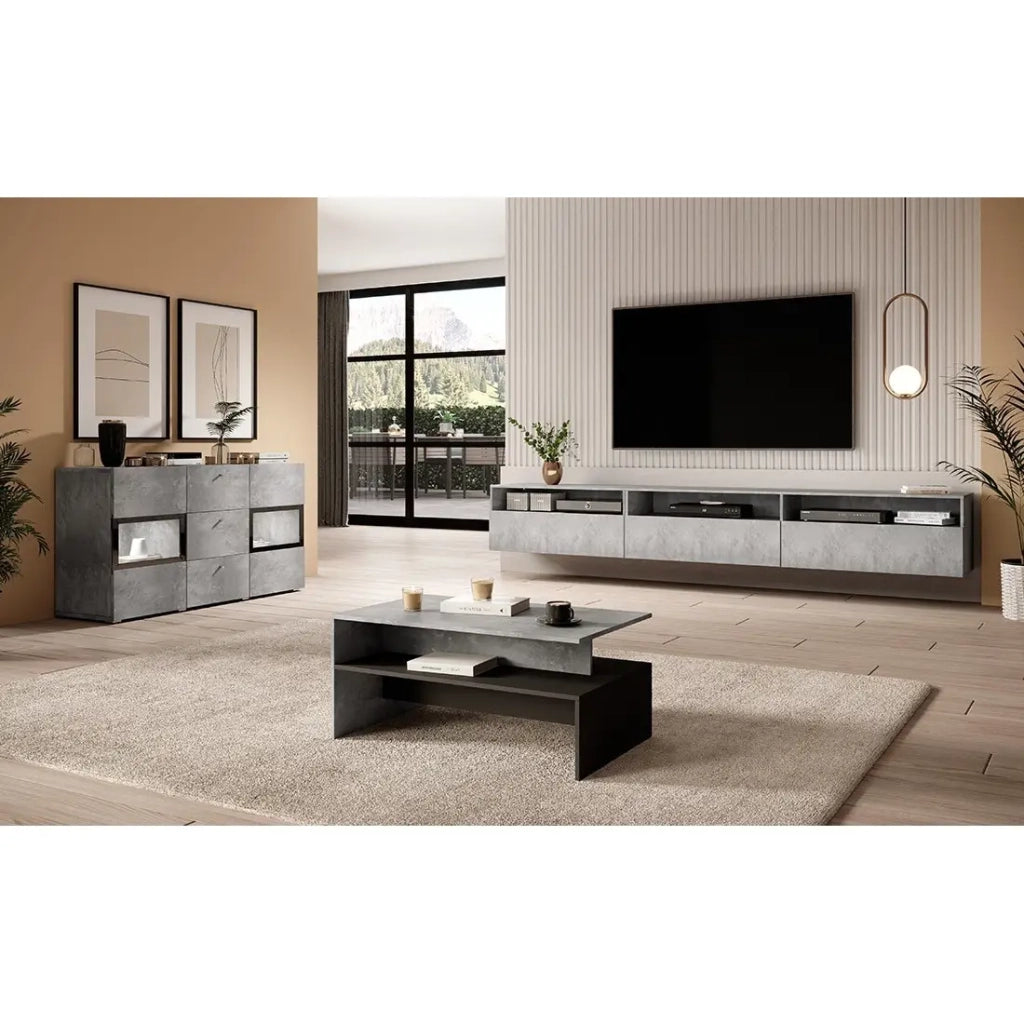 Tavolino da salotto design RAMOS – Effetto cemento grigio e nero – Piano con contenitore – 100 x 60 cm