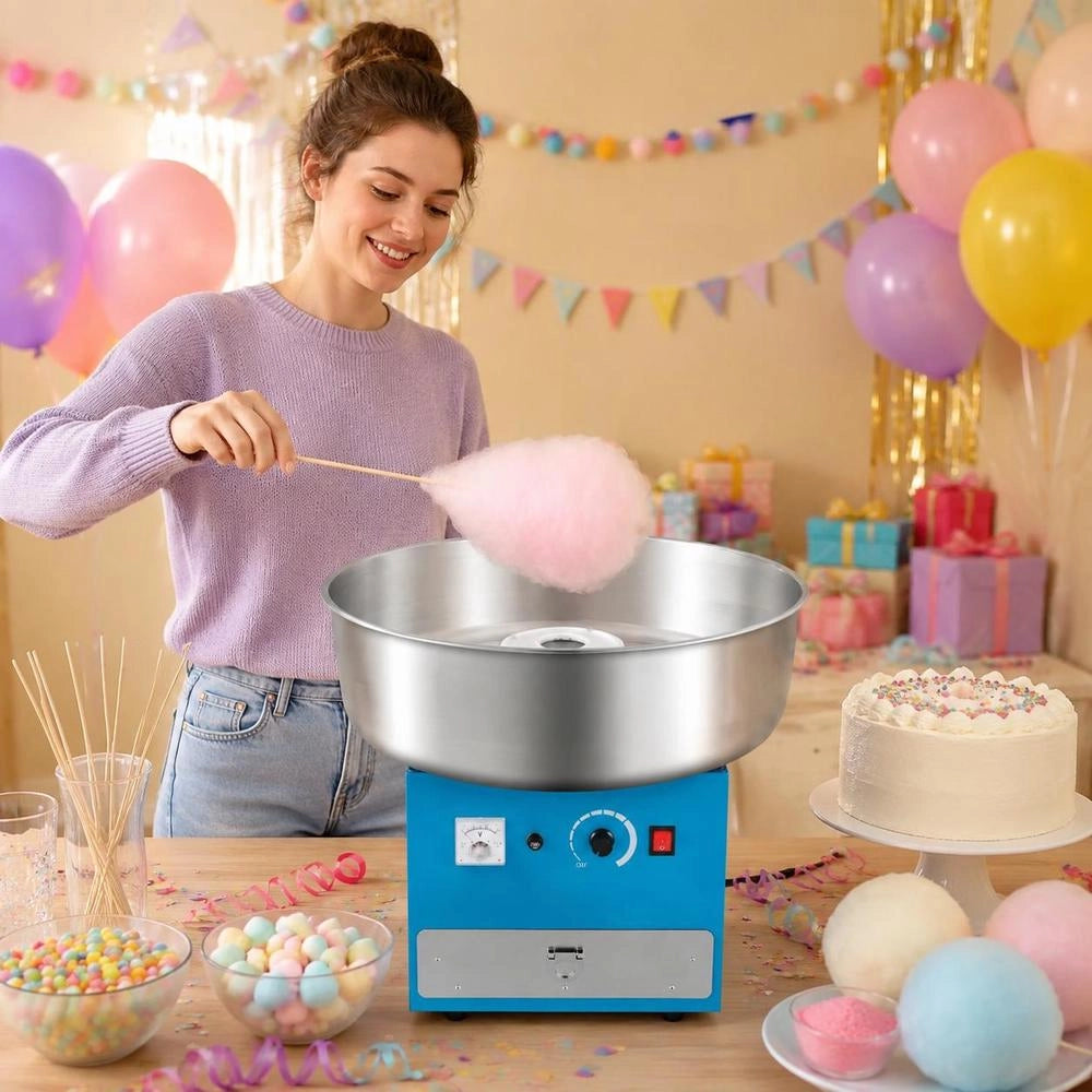 Electric Cotton Candy Machine, Commercial Cotton Candy Equipment (1000 W) With 52 Cm Stainless Steel Bowl, Sugar Scoop, And Drawer, Perfect For Children's Birthdays, Family Celebrations, And Parties. Blue