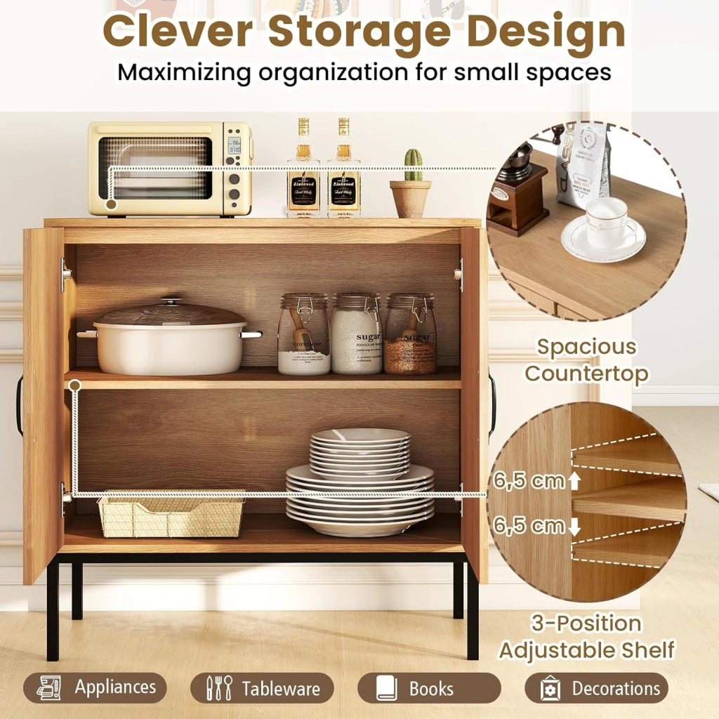 Credenza Cucina con 2 Ante in Rattan, Ripiano Regolabile in 3 Posizioni, Gambe in Metallo, Kit Antiribaltamento, Mobile Cucina Dispensa, Mobiletto per Soggiorno, Sala da Pranzo (Naturale)