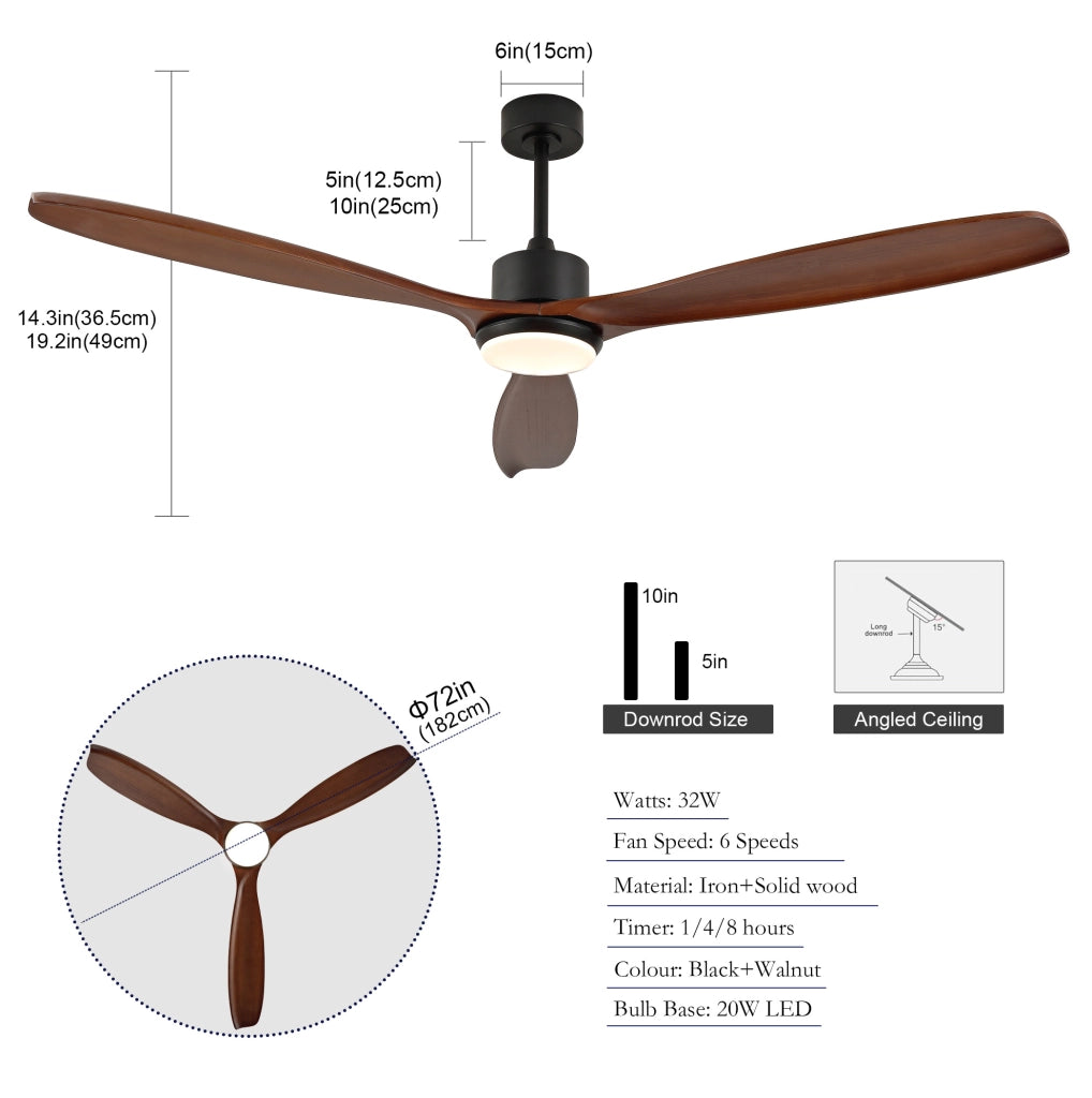 Ventilatore da soffitto 70" a 3 pale in legno massello con LED e telecomando