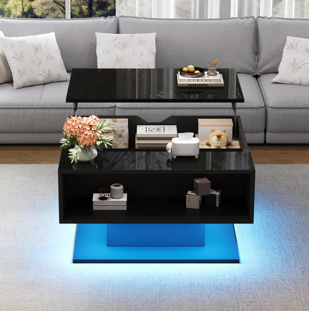 Tavolino da caffè elevabile LED nero con vano contenitore