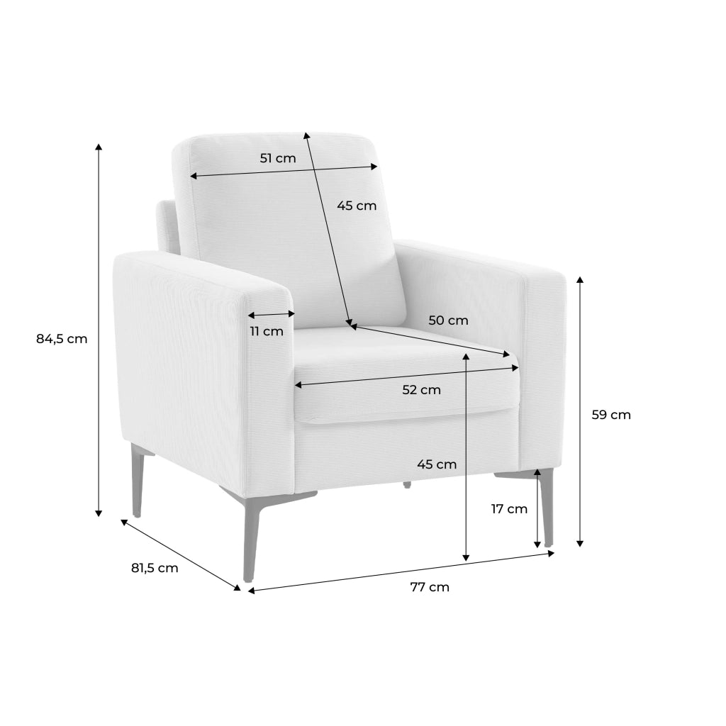 Poltrona in velluto a coste, gambe in metallo, beige