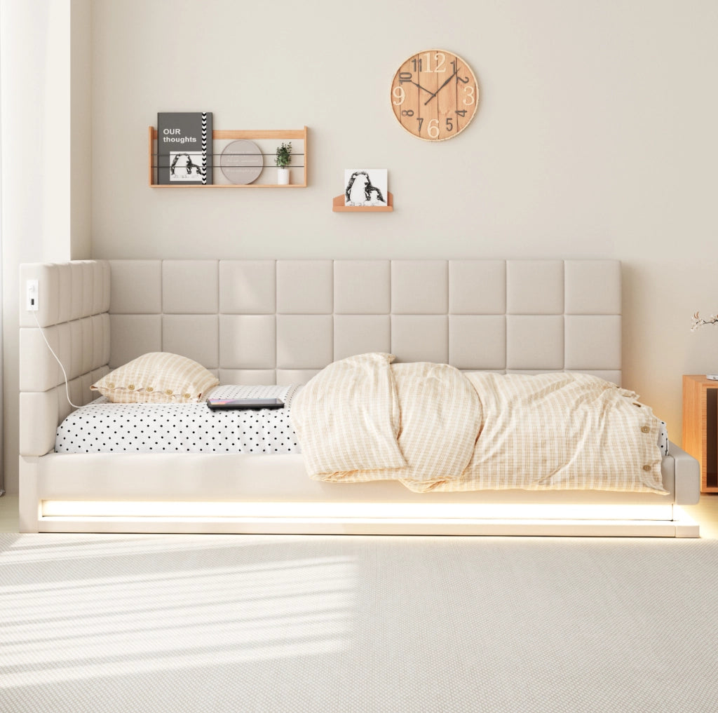 Divano letto imbottito 90x200 cm con LED, USB e rete a doghe