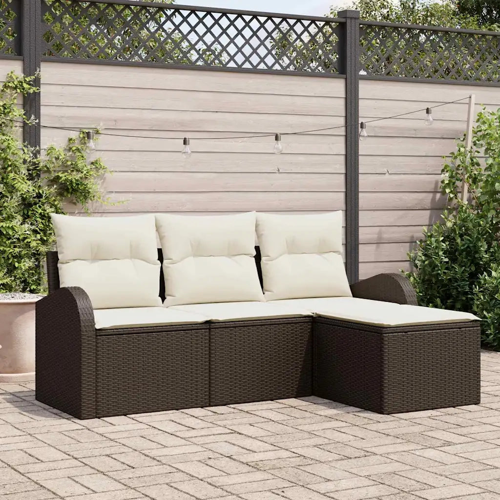 Set di divani con cuscino 4 pz | Set Salotto da Giardino Marrone e bianco polyrattan