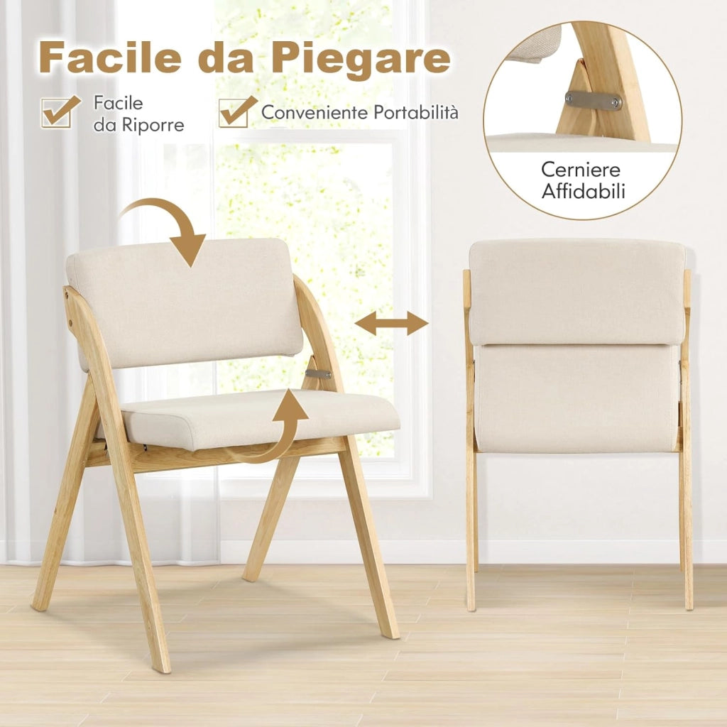Set 2 Sedie da Pranzo, Sedia da Cucina Pieghevole con Gambe in Legno di Gomma, Sedile e Schienale Imbottiti, Sedia Portatile per Casa Ufficio Matrimonio, Portata 160 kg (Naturale)