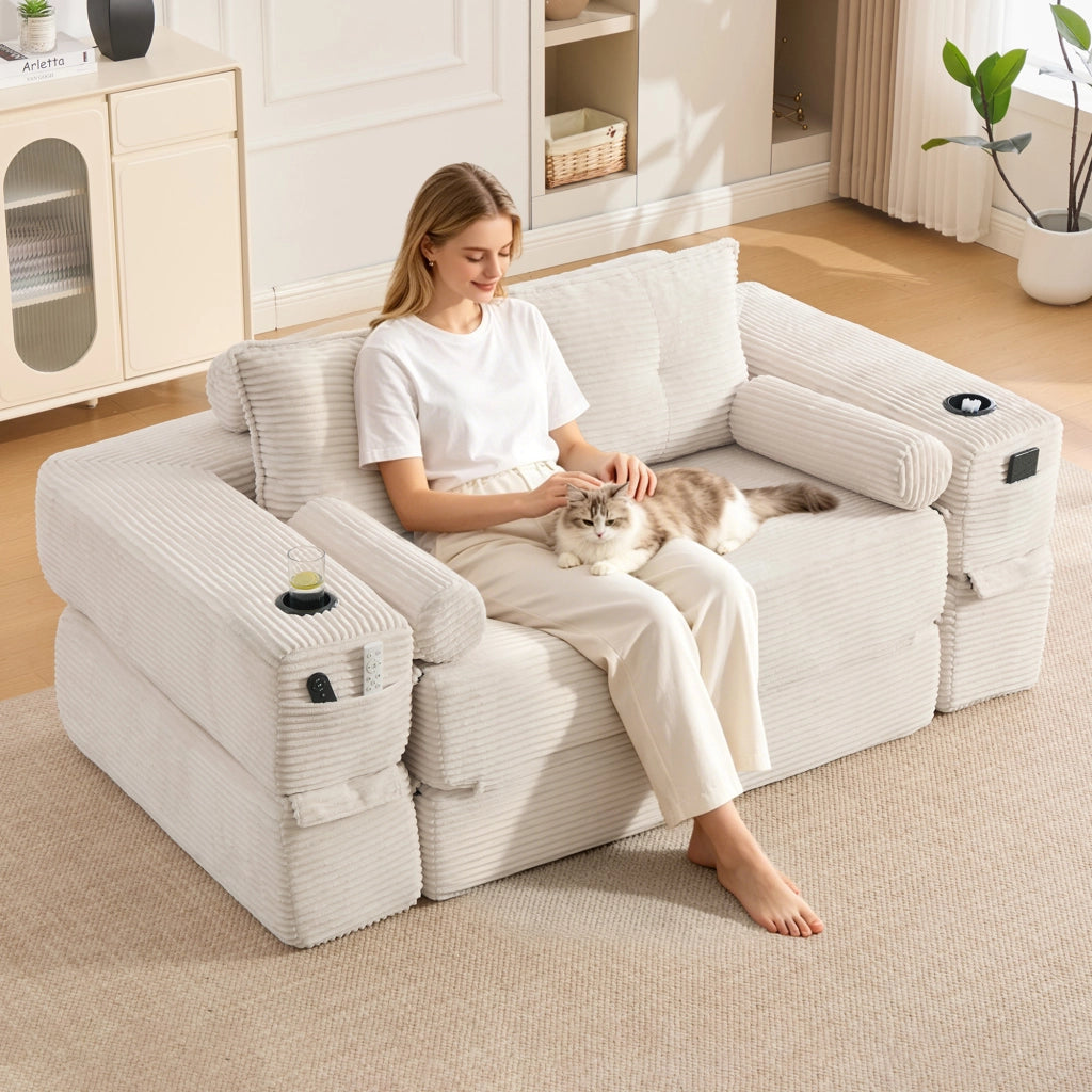 Divano letto modulare con tasche portabicchieri braccioli rimovibili e cuscini in memory in velluto a coste beige