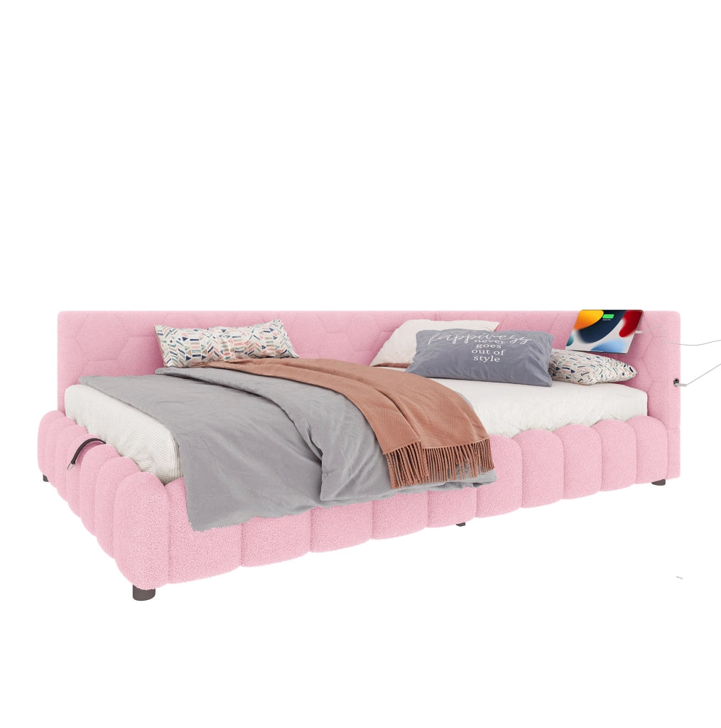 Letto daybed 140x200 cm con contenitore; LED; USB e Type-C; rosa