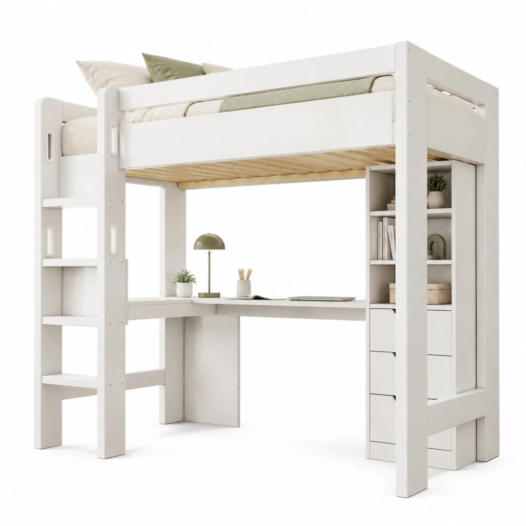 Letto a soppalco 90x200 cm con scrittoio a L; ripiani; cassetti e USB/Type-C; bianco