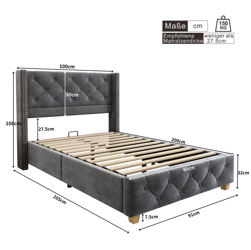 LETTO imbottito 90x200 cm in velluto grigio con rete a doghe