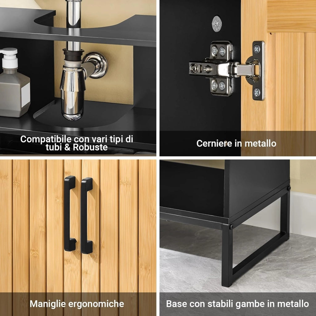 Mobile Sottolavabo Bagno 60 cm Mobiletto Salvaspazio con Ante in Bambù e Piedini in Metallo Armadietto Moderno Sotto Lavabo per Bagno Piccolo BZR202-SCH