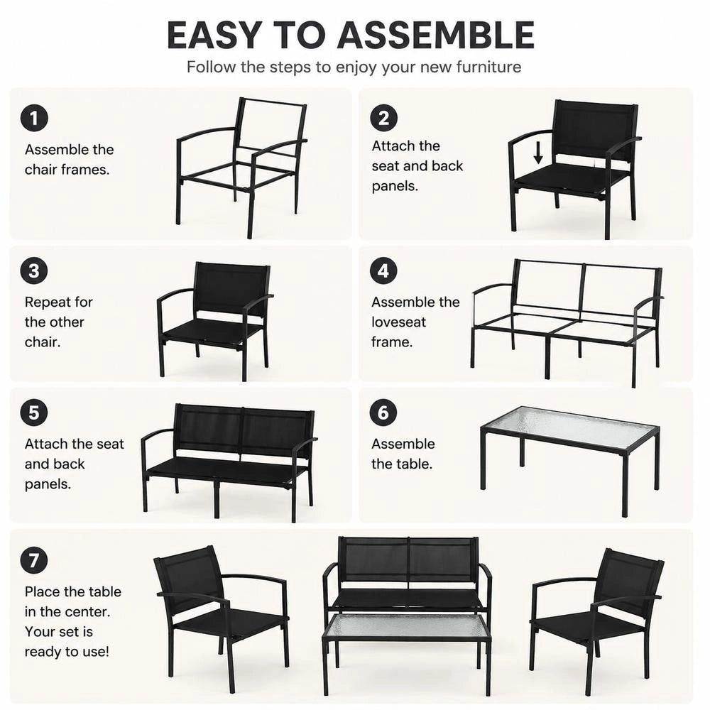 4-piece Garden Lounge Set, Textilene, Black